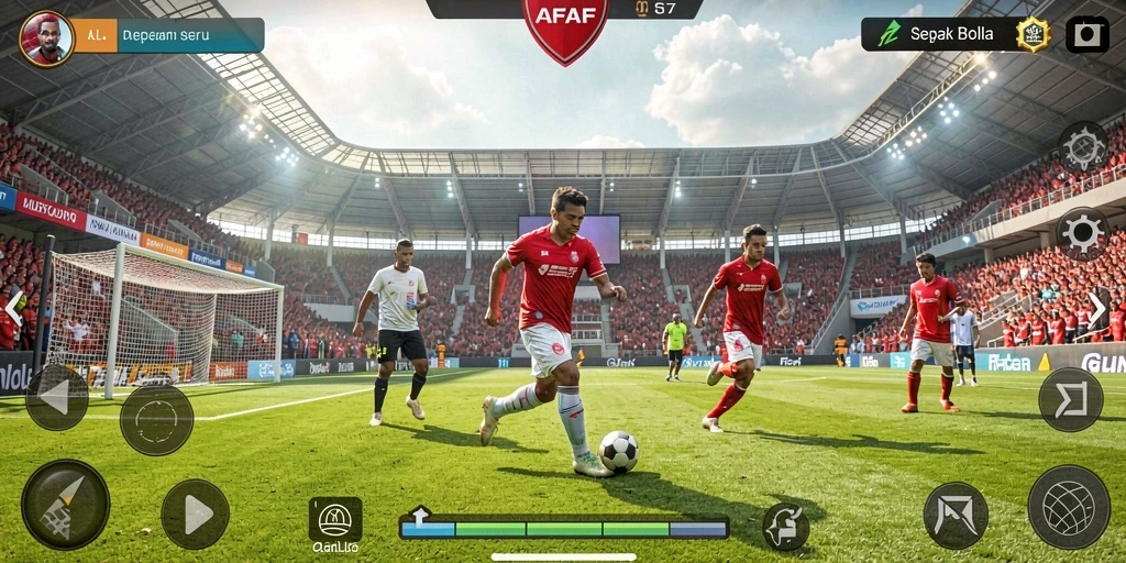 Screenshot utama AFAF menampilkan aksi seru dalam pertandingan sepak bola.