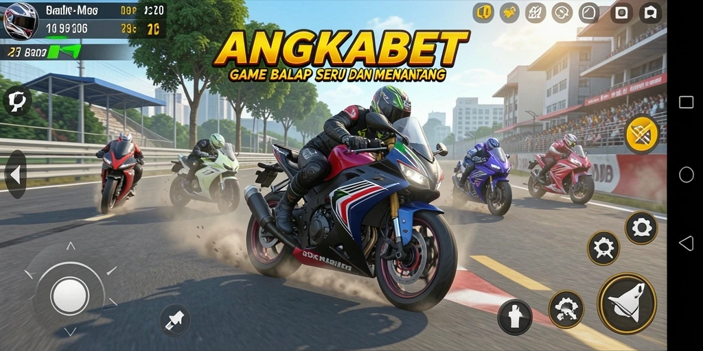 Screenshot utama ANGKABET menampilkan aksi balap motor yang menegangkan.
