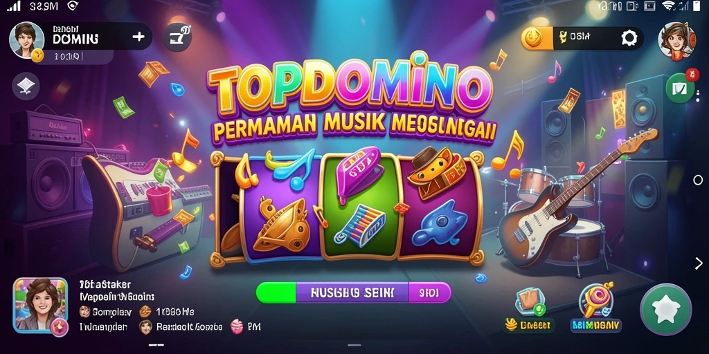 Screenshot dari gameplay TOPDOMINO yang menampilkan berbagai lagu dan tantangan musik.