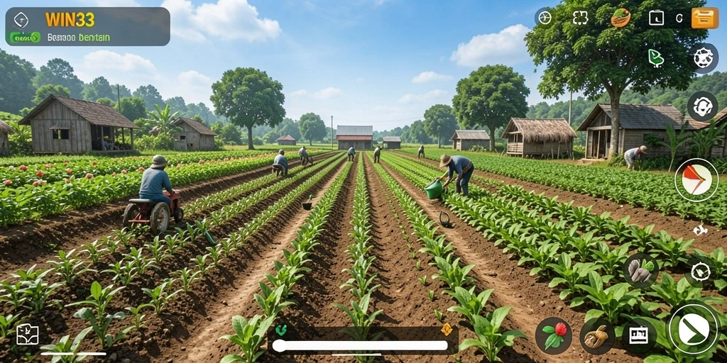 Screenshot gameplay WIN33 menunjukkan ladang yang subur dan hewan ternak yang bahagia.